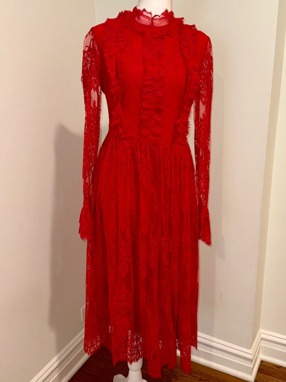 Elegant Erdem 'Simonetta' Red Lace Long Sleeve Midi Dress sz 8